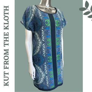 Kut From The Kloth Tunic Dress Geometric  Print Short Sleeve Lined Blue Size 4